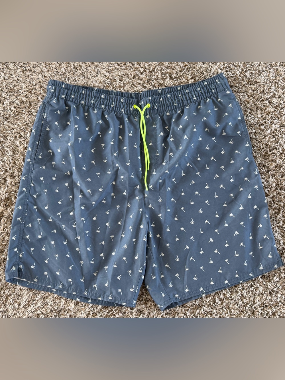 Old Navy Navy Blue Palm Print Swim Trunks with Neon Yellow Drawstring